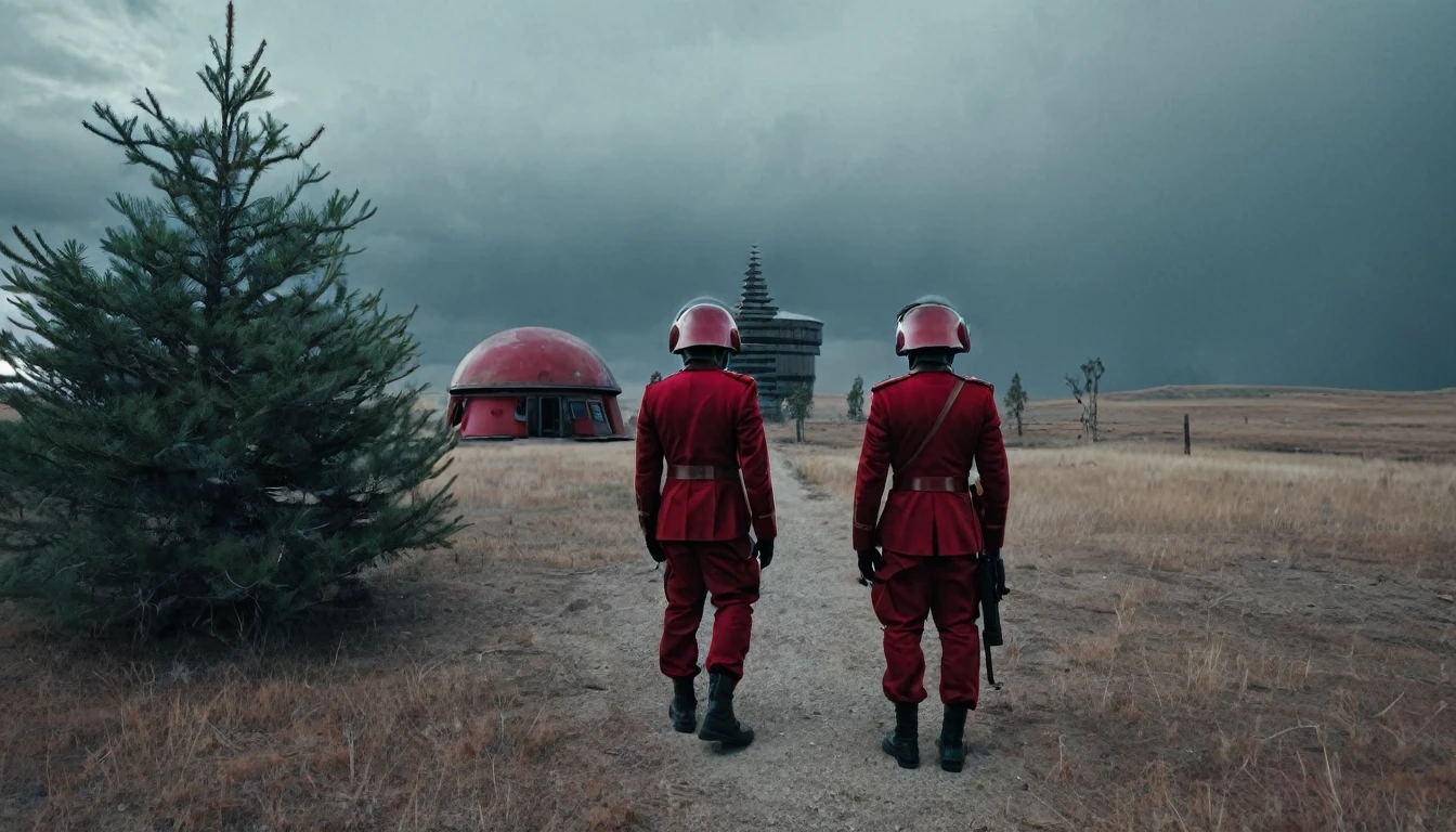 Soldiers in a dark red military uniform in a futuristic helmet near a military post in the middle of the steppe with some pine trees and a little drought, dark atmosphere