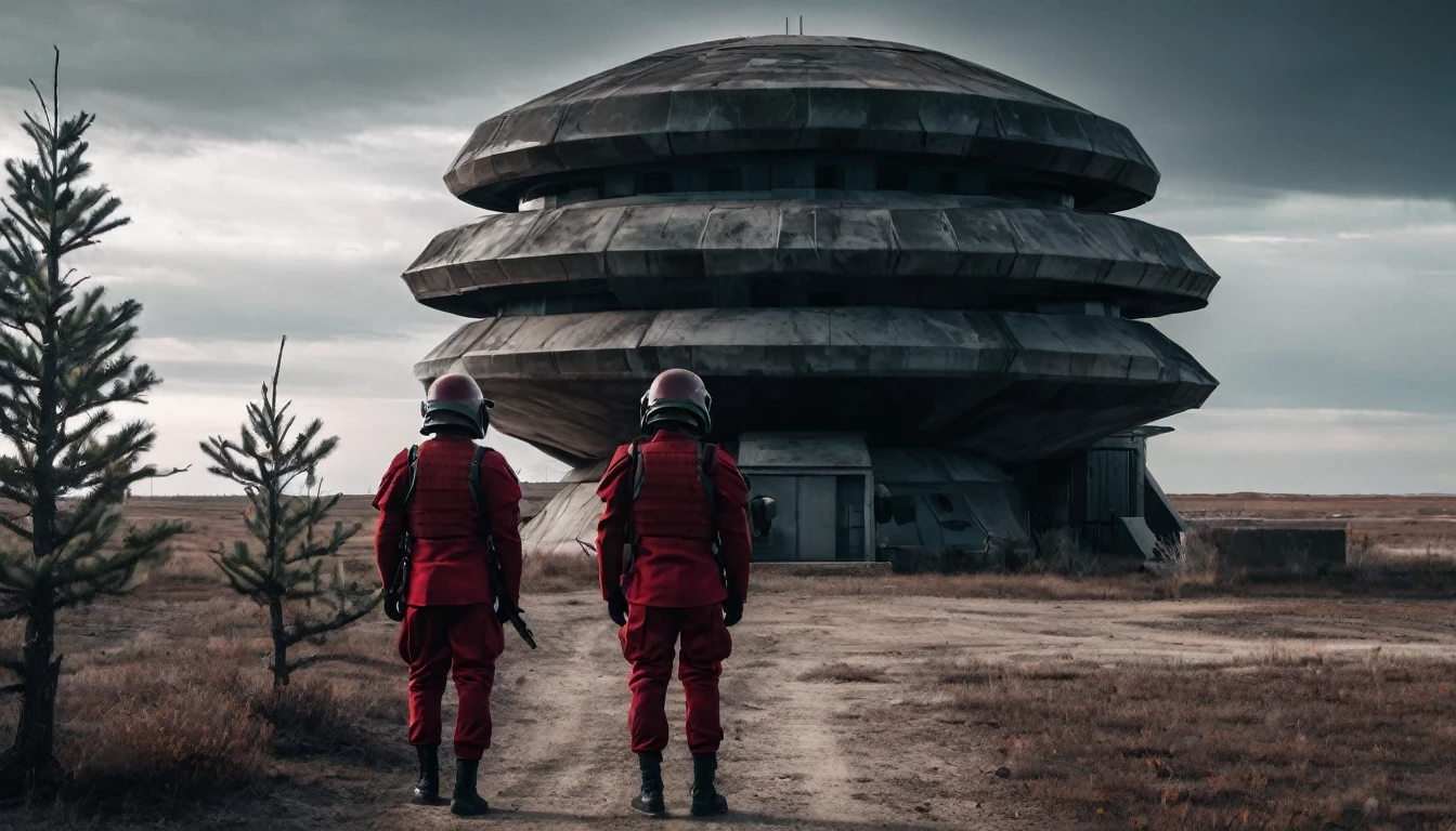 Soldiers in a dark red military uniform in a futuristic helmet near a military post in the middle of the steppe with some pine trees and a little drought, dark atmosphere