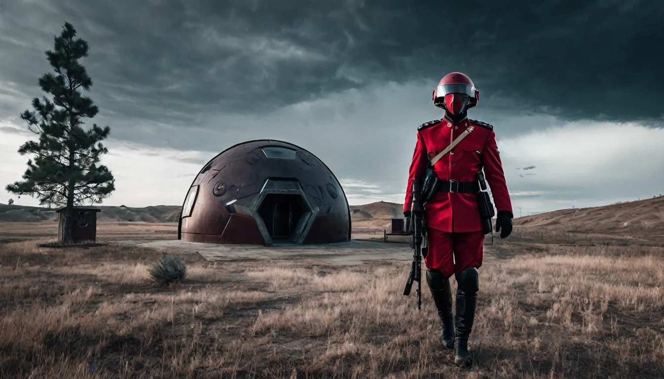 Soldiers in a dark red military uniform in a futuristic helmet near a military post in the middle of the steppe with some pine trees and a little drought, dark atmosphere