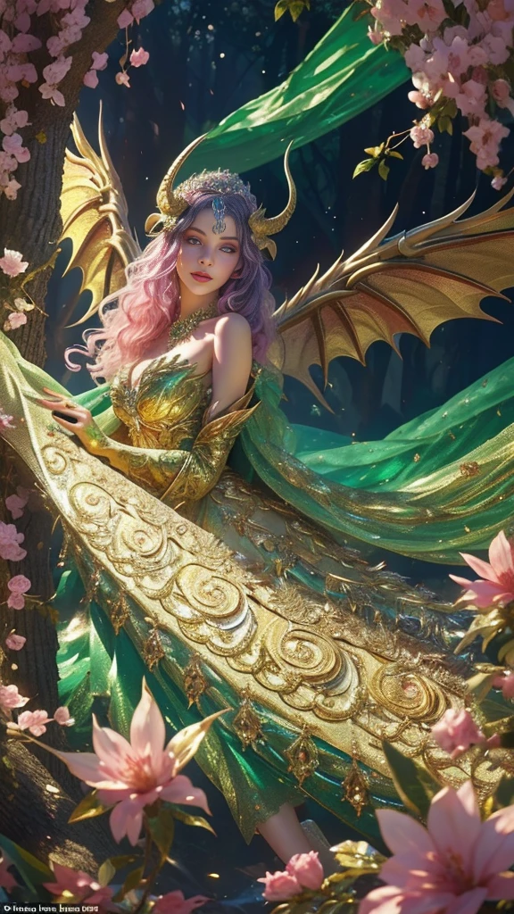 In the heart of a whimsical forest, a flamboyantly spectacular dragon emerges, its opulent scales shimmering in hues of gold and emerald. This concept art painting captures the creature in intricate detail, showcasing its majestic wingspan and elegantly curled horns. The artist\'s skilled hand brings to life every facet of the dragon\'s lavish appearance, from its sparkling gemstone eyes to the intricate patterns adorning its iridescent skin. The image is a testament to their talent, drawing viewers into a world of fantasy and wonder.