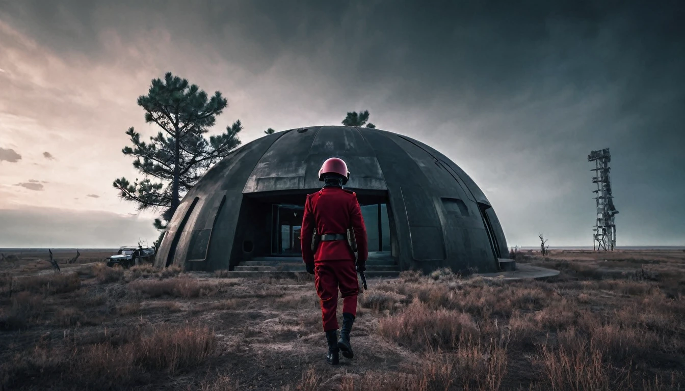 Soldiers in a dark red military uniform in a futuristic helmet near a military post in the middle of the steppe with some pine trees and a little drought, dark atmosphere