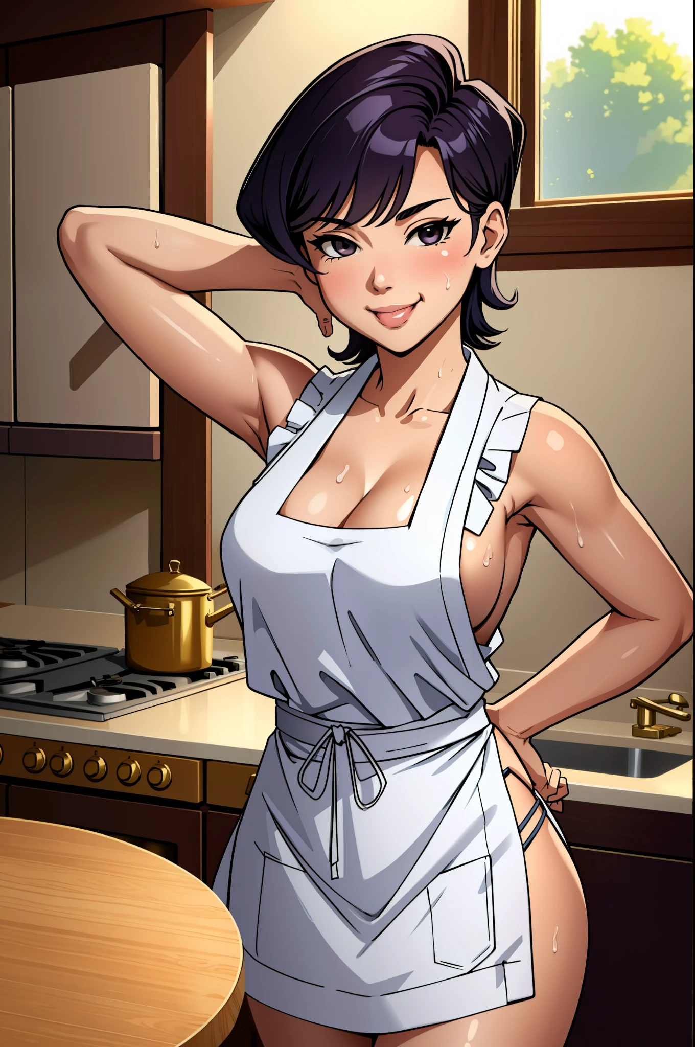 (masterpiece, best quality), intricate details, 1girl, medium breasts, komi shuuko, white apron, sleeveless, kitchen, seductive smile, cleavage, sweaty, arms up