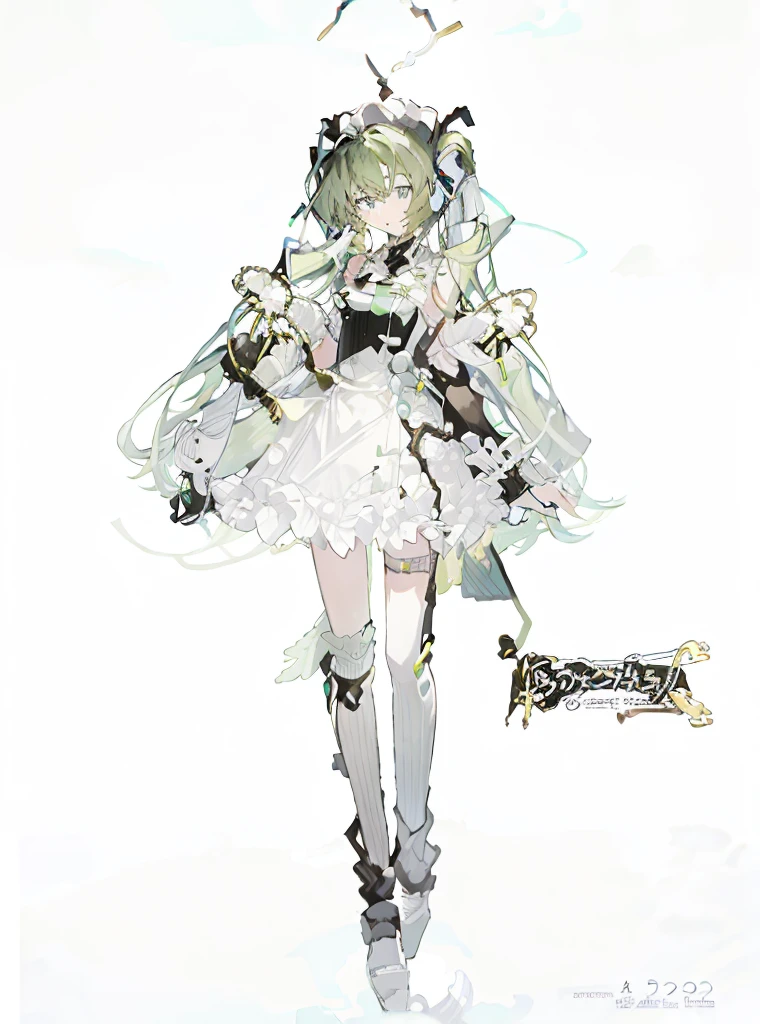 A girl，Standing picture，whole body，Character Design，Bow ruffles，Green Hair，Green Hair，curls，Dissemination