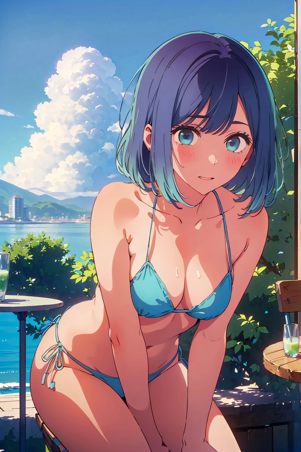 (Highest quality:1.4、8K:1.4、detailed)、F cup bust、Big Breasts、Slim body、Very white beautiful skin、((((1 person、Surprised expression、sit、Chair、In the background are the urban buildings of Tokyo、looking at the camera、Outdoor café terrace、coastal、Navy hair color、juice、Shooting up close、table、Very cute face))))、(Pose of putting hair behind ears with hands:1.4)、((nude、Areola、bikini size too small))、Very blue sky、A completely cloudless sky