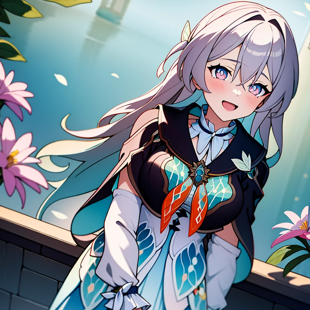(masterpiece, best quality:1.2), 1 girl,solo, alone, Blue-pink gradient pupils，Brown and light teal，silver long hair，White·，sit，looki at viewer，（（（rain）））（（（soaking wet）））（（（bunch of flowers）））sea，excited，open mouth，