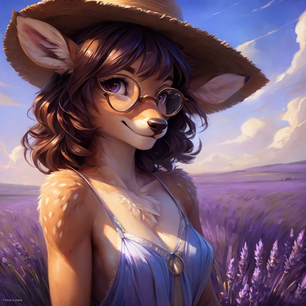 uploaded on e621, by Pixelsketcher, by Bayard Wu, by Thomas Benjamin Kennington , by Einshelm, by hioshiru and kenket, Chunie, portrait, solo anthro female deer doe, with small featureless breasts, clear dark blue, cinematic lighting, day, sunny day, lavender field, stays in a lavender field, lavender field background, mediterranean background, horizon background, shiny, short curly dark brown hair, wears big black nerd glasses, very very beautiful furry art, furry art, smiling, joyful, shiny, happy, feminine, cute face, muzzle, fluffy chest, flawless face, Fallow deer, 1girl, Sakimichan is beautiful, Masterpiece, Wavethesallow Face, shiny, Detailed image, portrait, Detailed image, portrait, full body, wearing pure white and wide spaghetti straps dress, wearing big and wide beige summer straw hat, shiny, realistic face, perfect anatomy, hourglass body, (furry body:1.1), anthropomorphic deer, looks at the viewer, small fluffy tail, detailed background, (cute anatomy:1.1), stands in a lavender field