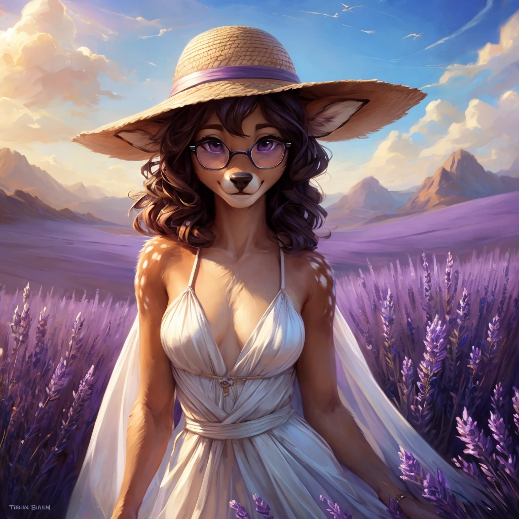 uploaded on e621, by Pixelsketcher, by Bayard Wu, by Thomas Benjamin Kennington , by Einshelm, by hioshiru and kenket, Chunie, portrait, solo anthro female deer doe, with small featureless breasts, clear dark blue, cinematic lighting, day, sunny day, lavender field, stays in a lavender field, lavender field background, mediterranean background, horizon background, shiny, short curly dark brown hair, wears big black nerd glasses, very very beautiful furry art, furry art, smiling, joyful, shiny, happy, feminine, cute face, muzzle, fluffy chest, flawless face, Fallow deer, 1girl, Sakimichan is beautiful, Masterpiece, Wavethesallow Face, shiny, Detailed image, portrait, Detailed image, portrait, full body, wearing pure white and wide spaghetti straps dress, wearing big and wide beige summer straw hat, shiny, realistic face, perfect anatomy, hourglass body, (furry body:1.1), anthropomorphic deer, looks at the viewer, small fluffy tail, detailed background, (cute anatomy:1.1), stands in a lavender field
