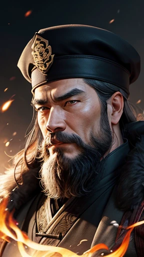 alone、Oriental、Ancient Chinese man in black costume、Strike a pose、Highest quality、masterpiece、Ultra-high resolution、(Realistic:1.4)、Game Poster、Crisp and beautiful image quality、Bearded Man,Ancient Chinese hairstyle with a large plain white beret loosely covering the head like a turban、