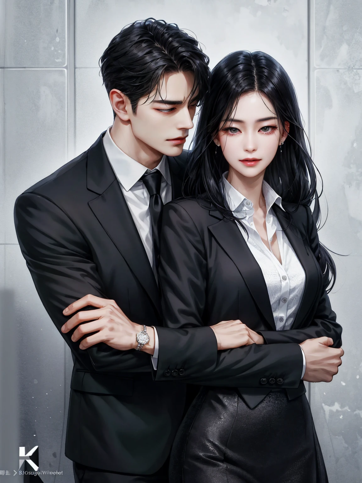 best quality，outstanding，A couple hugging together，The man hugged the woman from behind。Woman with long black hair，cry。Man with short black hair wearing suit，Poker face。Overbearing CEO，Novel cover，Beautiful and delicate face，HD，Light and Shadow，High quality details