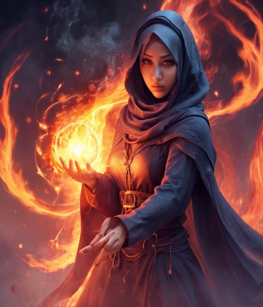 Woman, hijab, beatiful, summoning fire ball, cool