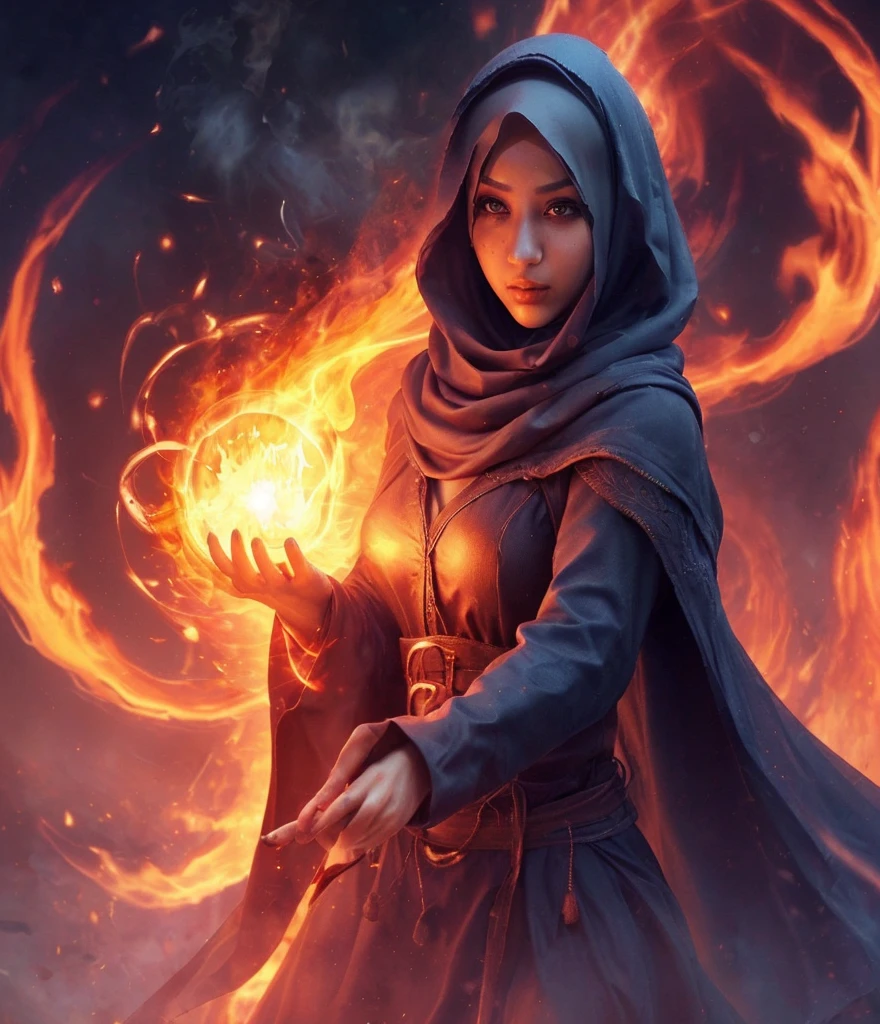 Woman, hijab, beatiful, summoning fire ball, cool