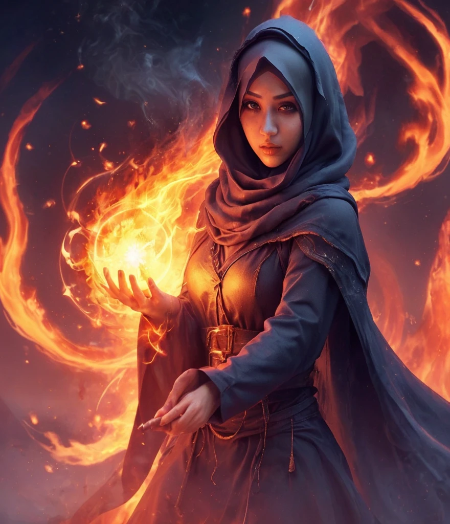 Woman, hijab, beatiful, summoning fire ball, cool