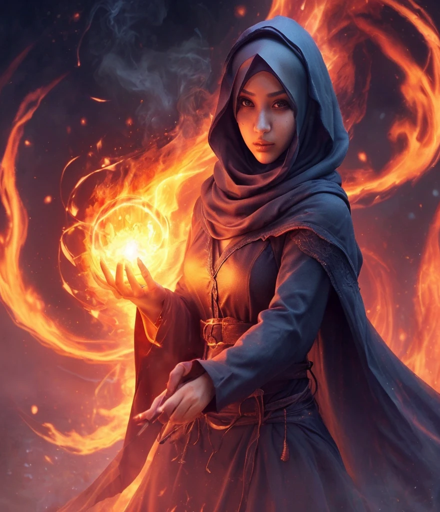 Woman, hijab, beatiful, summoning fire ball, cool