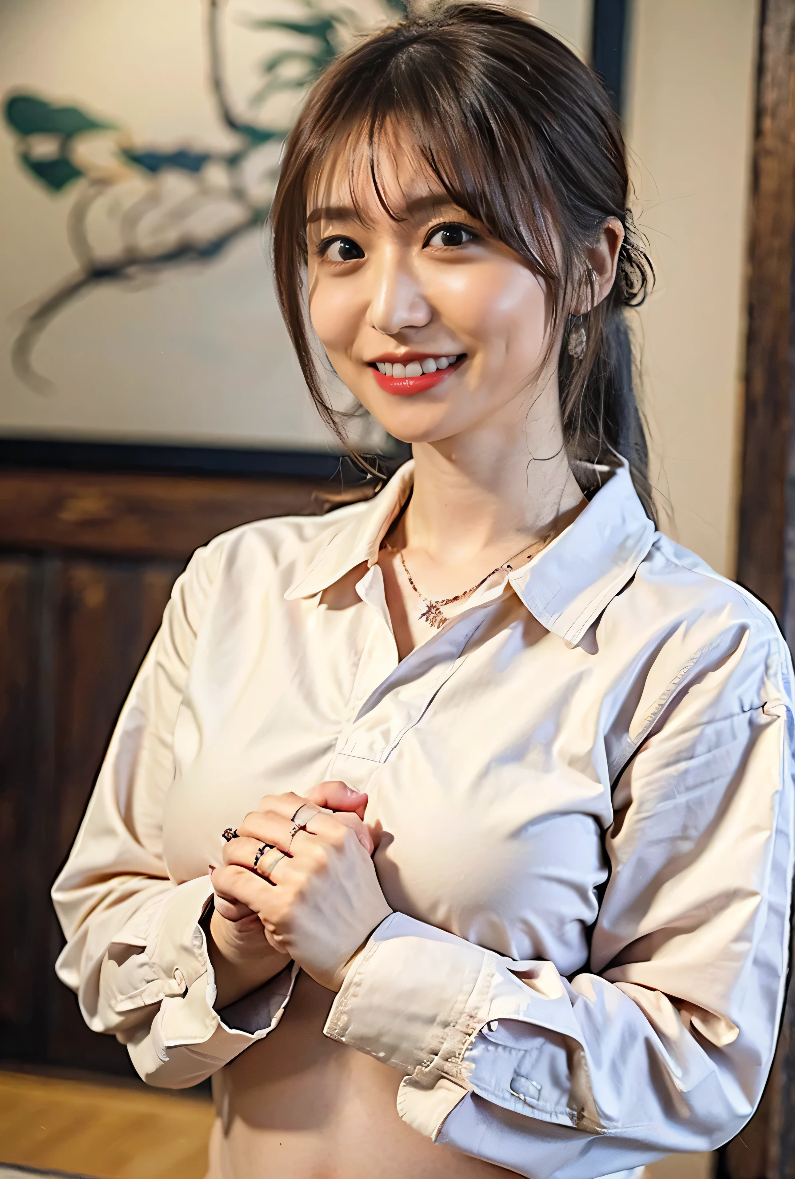 ((Both hands are in front of the navel、Blushing、Belly button、A photo of her panties showing through a short polo shirt、Hands roll up shirt、She is wearing a navy polo shirt and luxurious white panties.、:1.4))、Being in the living room、Length cream hair color、Her huge breasts are obvious even through her clothes..、Small earrings、Light brown hair color、:1.4））、Shiny Hair、Light beige hair color、Background Blur、Light brown hair、｛｛Cowgirl Shot｝｝、（（Close-up shot from the waist up、Big Breasts:1.4））、Big Breasts、Smile、Big Breasts that can be seen even through clothes、Cowboy Shot、A lovely smile、（（Revealing clothing））、Full body photo、ring、Tuck your hair behind one ear、Silver Necklace、smile、Caustics、Highly detailed photos、Big Breasts、Super no makeup、(8K、RAW Photos、Highest quality、masterpiece:1.2)、(Realistic、Realistic)、1 Girl、((Big Breastsショートヘア、Looking into the camera:1.4))、Hair blowing in the wind
