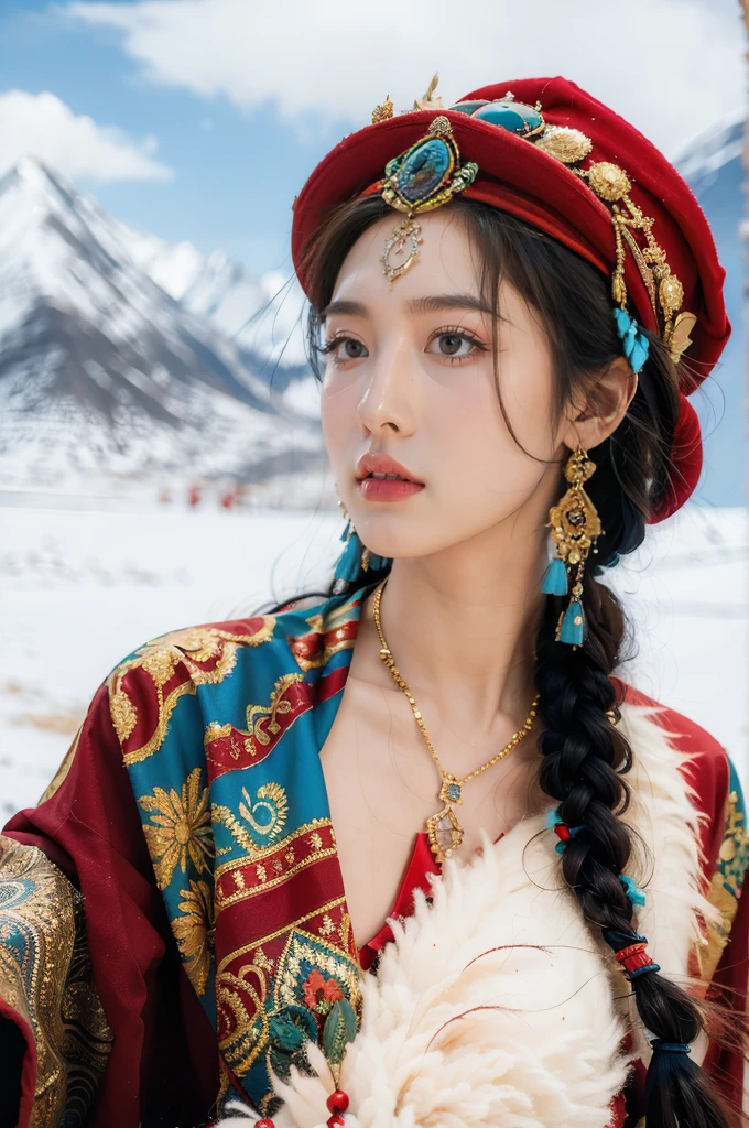 (masterpiece, best quality:1.2),red Tibetan clothing,1 Tibetan girl, blue sky, cloud, cloudy sky, day, earrings,Plush hat, horizon,Tibetan Earrings,jewelry,necklace, lips,snow mountain, outdoors, parted lips, red lips, solo, upper body,flat chest,close-up of face