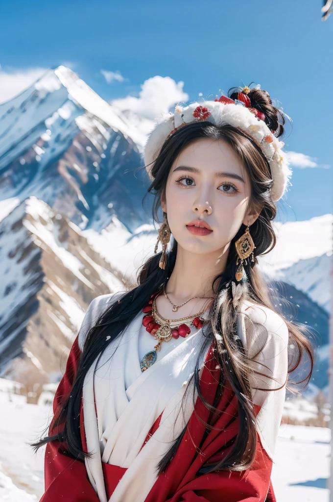 (masterpiece, best quality:1.2),red Tibetan clothing,1 Tibetan girl, blue sky, cloud, cloudy sky, day, earrings,Plush hat, horizon,Tibetan Earrings,jewelry,necklace, lips,snow mountain, outdoors, parted lips, red lips, solo, upper body,flat chest,close-up of face