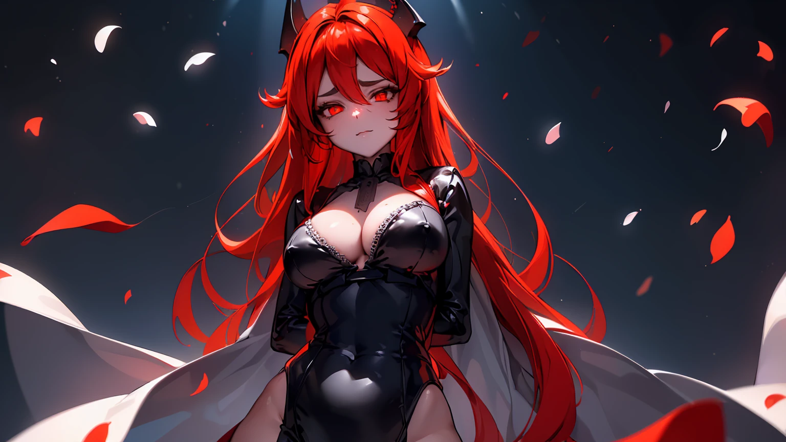 ((((Obra maestra, La mejor calidad, ultrahigh resolution)))), 1girl, standing,), ((long pure red hair, hair over eye)), long hair cut, shiny skin, ((golden eyes)), glowing_eyes, neon eyes, (ultra detailed eyes:0.7, beautiful and detailed face, detailed eyes:0.9), ((centered)), smirk, facing viewer, ((vibrant background, dark lighting, summer, sunlight)), large chested, looking at viewer, ((half closed eyes)), ((perfect hands)), (((head:1, arms, hips in view, elbows, in view))), ((hands behind back)), empty eyes, beautiful lighting, ((outside, outdoors)), defined subject, head tilt, (((gritty)), ((creepy)), ((cool)), ((beautiful)), (((SFW))), horns, hair ornament, petals in the air, moon in the sky