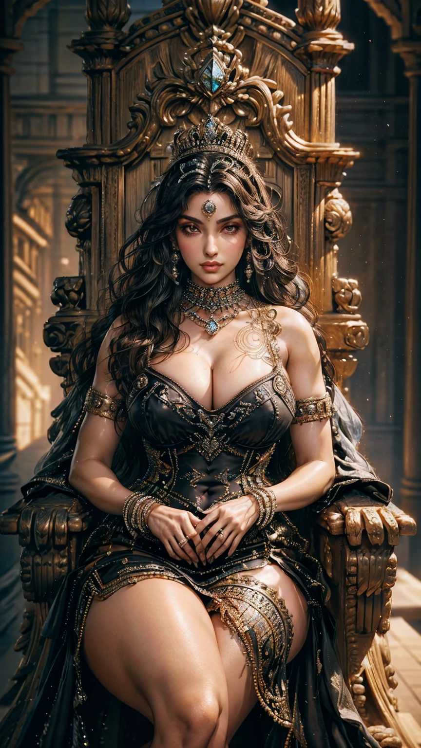 (A beautiful queen Goddesses, plain background, photoshoot, detailed face, athletic , navel,cute dress), (Photorealsitic:1.4), Raw , Sharp Re, Nikon D850 Film, Stock Photo , F1.6 Lenses Rich Colors ,Hyper Realistic, Life Like Textures, Dramatic Lighting ,Unreal Engine , ((Super Realistic Details))、Global Illumination, Shadows, Octane Rendering, 8K, Ultrasharp, Highly Detailed, Realistic Light, Ink Color Art, Ink Sketch Art, thong strings ((huge perky breasts, deep cleavage 1.8, thick thighs)) smiling , ((black , diamond studded, magnificent embroidered dress, armored plates, ))((lots of jewelleries, 3 long necklace, earrings, waist chain, pearl chains)) ((oily skin, oily body, shiny skin))woman, sitting, , spreading legs wide open, ((hands on waist)) ((sitting on throne , huge magnificent throne, palace background))((netted queen deess)