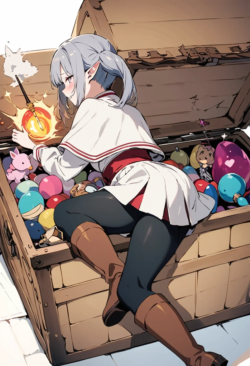 masterpiece, Highest quality, Illustration of the novel, High resolution, 18+ Adult content, Sensual, Intimate, Emotional, Passionate, romantic, sweet, Adorable, Innocent, Pure, Charmな, Charmな, Charm, mysterious, Charmな, Charmな, Immersive, Charmな, dream-like, Surreal, Imaginative, Whimsical, Artistic, Avant-garde, timeless, elegant, Sophisticated, chic, Sophisticated, personality, original, Charmな氷結, Pointed Ears, One girl, Twin tails, Gray Hair, alone, Black pantyhose tearing, boots, Brown footwear, Capelet, knee boots, Magic wand, white Capelet, White jacket, Breaking, teeth, teeth focus, Camel Toe, From behind, Destroy the mimic chest,