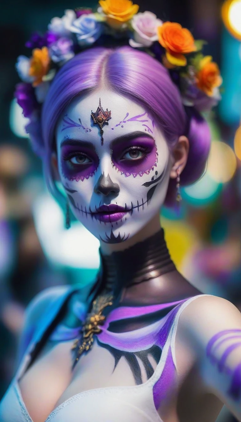 (best quality, 8K, Masterpiece: 1.3)), Sharp focus: 1.2, A beautiful woman with a perfect figure. Highly detailed facial and skin textures, Detailed eyes, Double eyelids, smile, look at viewer, purple short hair, upper body, put on makeup, blurry background, white skin, Face Paint, white skin, Black Dresses, Holding equipment, Zombies, light purple lips, __background__ Full of busy people