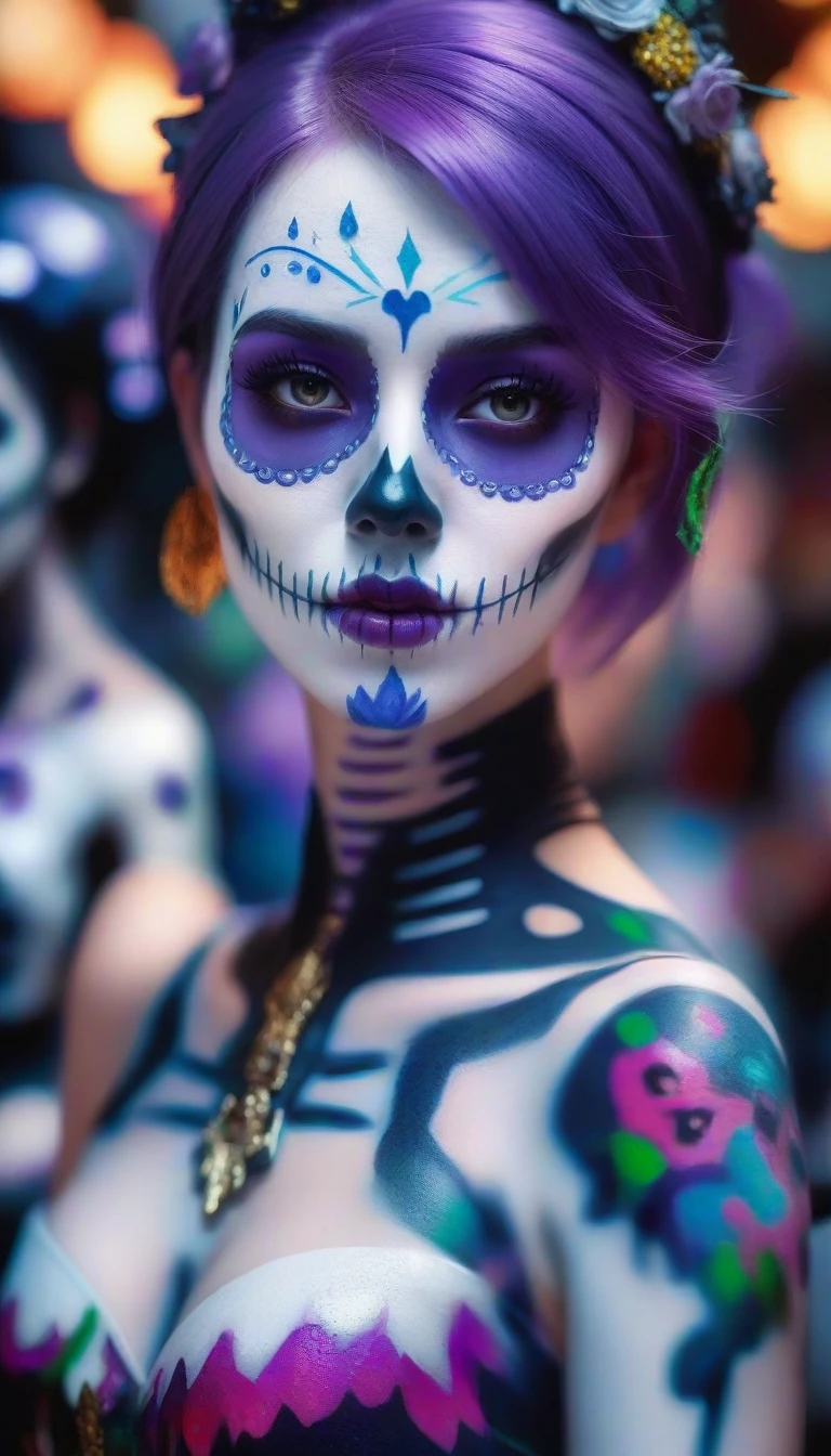 (best quality, 8K, Masterpiece: 1.3)), Sharp focus: 1.2, A beautiful woman with a perfect figure. Highly detailed  and skin textures, Detailed eyes, Double eyelids, smile, look at viewer, purple short hair, upper body, put on makeup, blurry background, white skin, Face Paint, white skin, Black Dresses, Holding equipment, Zombies, light purple lips, __background__ Full of busy people