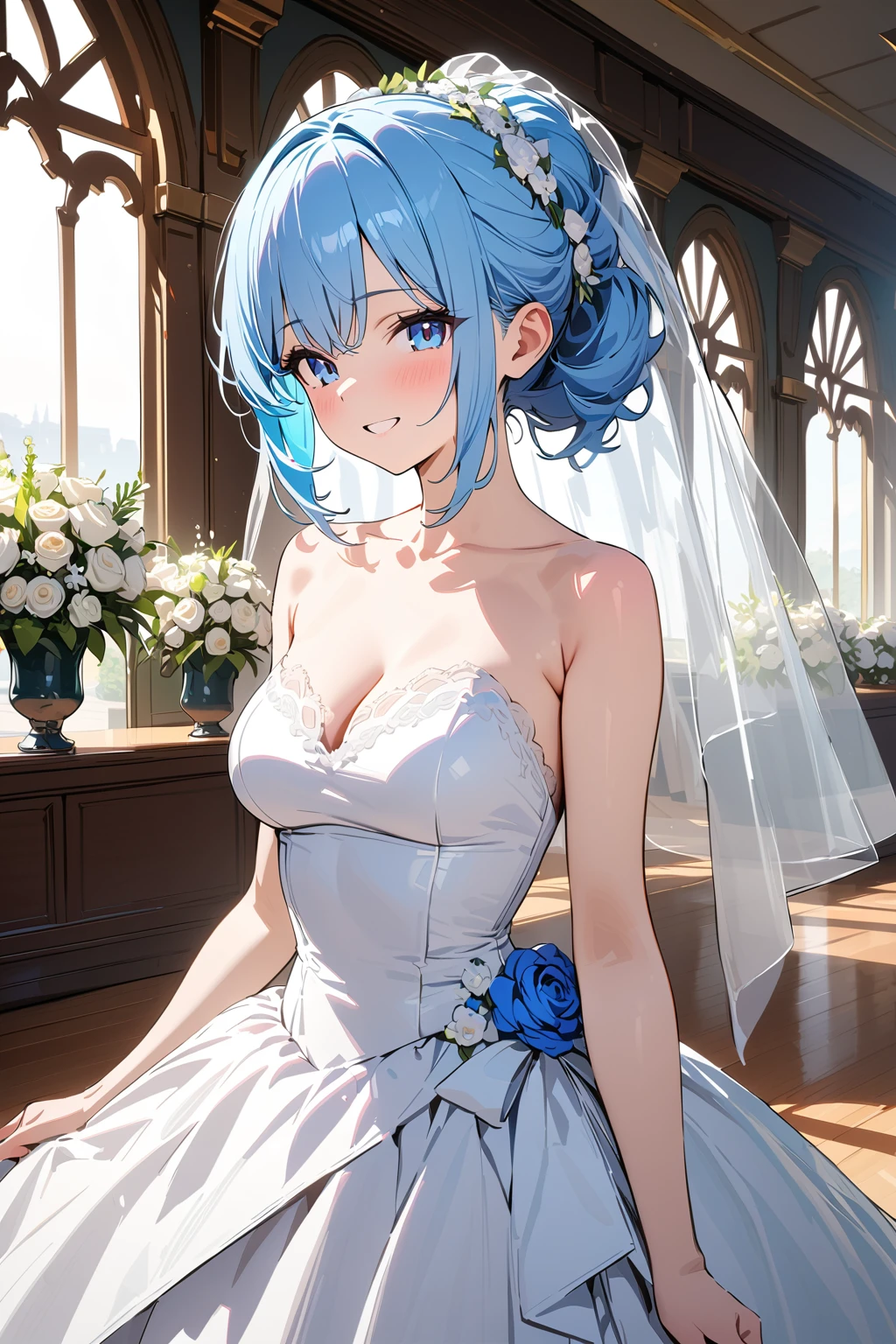 (masterpiece, best quality:1.5), (ultra detailed, high resolution, 8k, beautiful detailed, UHD, best ), 1 cute girl, pale blue hair, , wedding dress, bridal veil, flower, wedding hall, Happy face