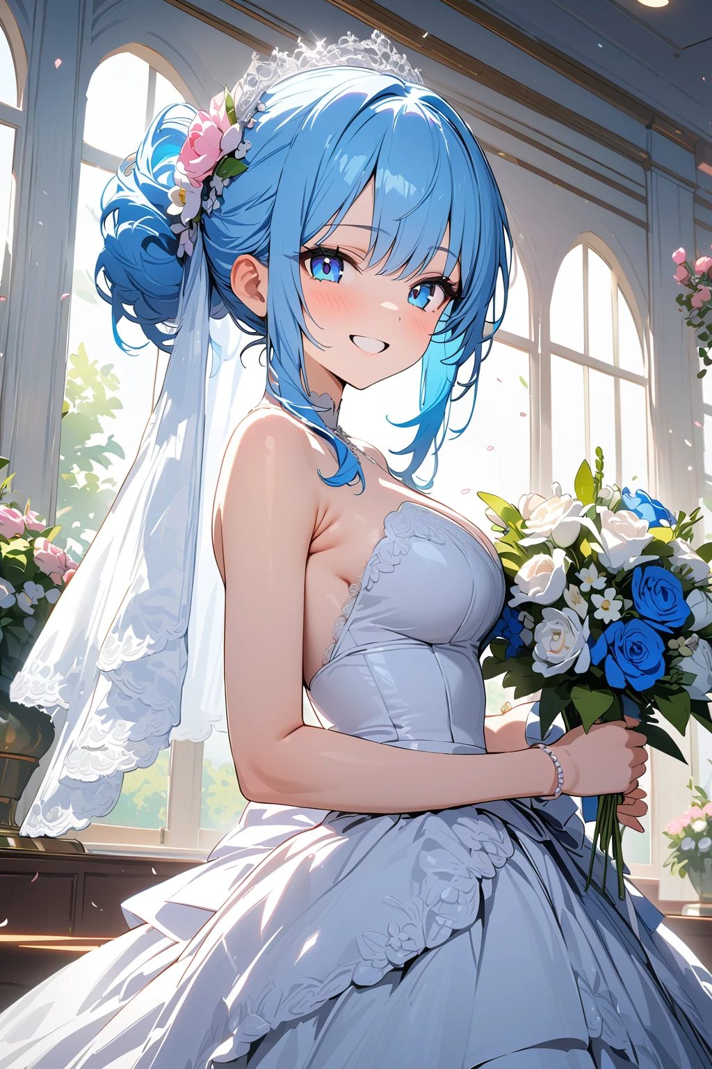 (masterpiece, best quality:1.5), (ultra detailed, high resolution, 8k, beautiful detailed, UHD, best anatomy), 1 cute girl, pale blue hair, medium breasts, wedding dress, bridal veil, flower, wedding hall, Happy face