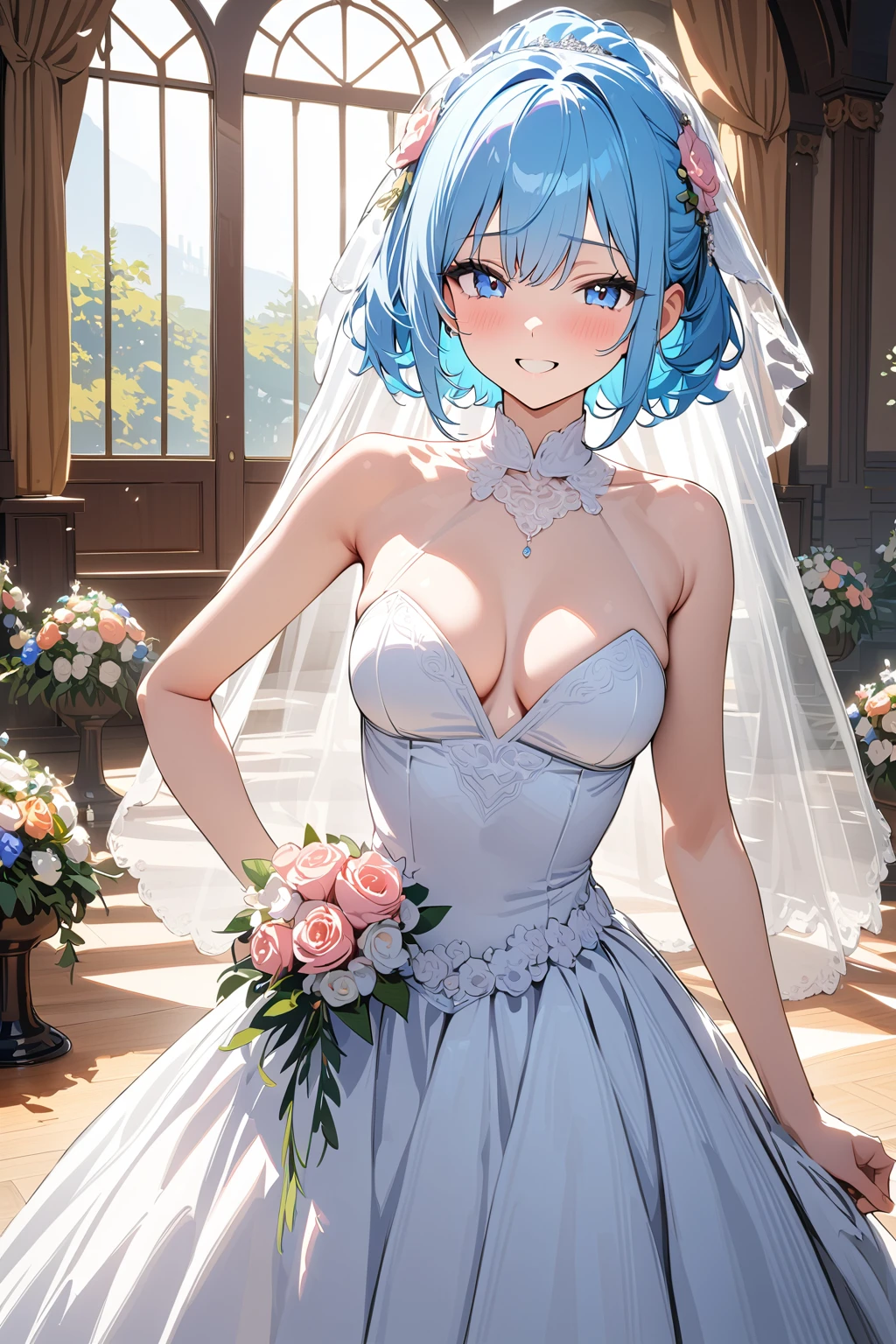 (masterpiece, best quality:1.5), (ultra detailed, high resolution, 8k, beautiful detailed, UHD, best anatomy), 1 cute girl, pale blue hair, medium breasts, wedding dress, bridal veil, flower, wedding hall, Happy face