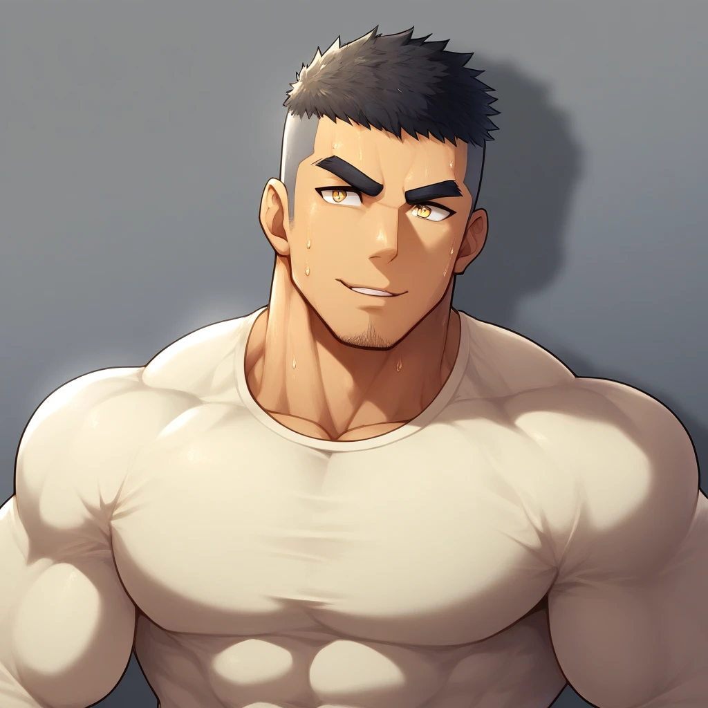 anime characters:Gyee, Muscle Sports Student, 1 muscular tough guy, Manliness, male focus, Light yellow high collar long sleeve tight T-shirt, Very tight, The clothes were soaked with sweat, The pectoral muscles are oversized, Slightly transparent, muscular male, muscular, only, Upper body, alone, Black short hair, Thick eyebrows, stubble, Yellow eyes, Grey background, simple background, amazing quality, best aesthetics, Ridiculous, bright pupils, crew cut, parted lips, seductive smile, torogao, naughty face, drop shadow, best quality