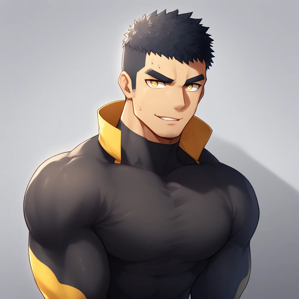 anime characters：Gyee, Muscle Sports Student, 1 muscular tough guy, Manliness, male focus, Light yellow high collar long sleeve tight T-shirt, Very tight, The clothes were soaked with sweat, The pectoral muscles are oversized, Slightly transparent, muscular male, muscular, only, Upper body, alone, Black short hair, Thick eyebrows, stubble, Yellow eyes, Grey background, simple background, amazing quality, best aesthetics, Ridiculous, bright pupils, crew cut, parted lips, seductive smile, torogao, naughty face, drop shadow, best quality