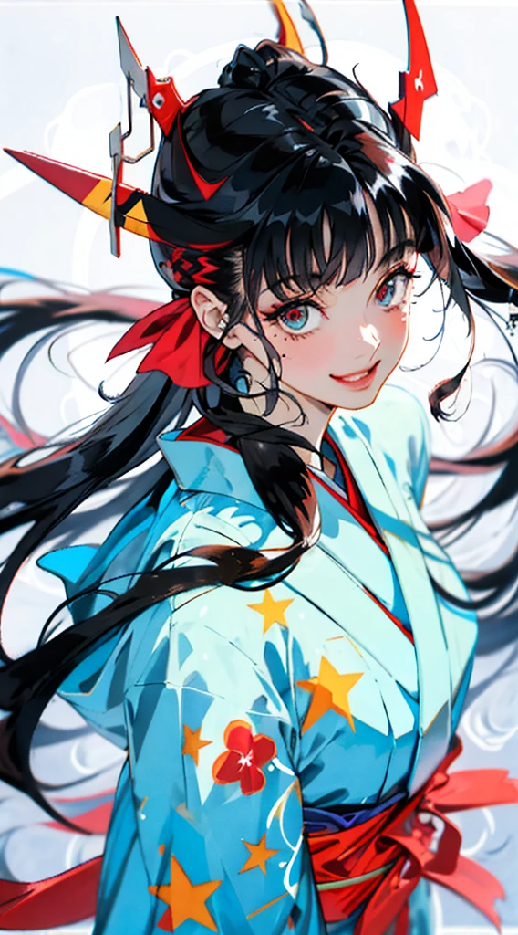 Black hair, bangs, curtained hair, crossed bangs, Messy hair, pony tails, bangs, curtained hair, crossed bangs, Long hair, Messy hair, pony tails, Big hair, side hair bun, hair ear, hair tying, hair flaps, widow peak, head gear, Hair ribbon, kanzashi, hairpods, white hair ribbon, Moles under eyes, Raised eyebrows, eyeball, Evil smile, crazy, Shy, scowling, jitome, gloom (expression), smile, anime big , Minimalism, Anime style, anime big , Minimalism, Anime style, angle of view, From above, hyper HD, retinas, Masterpiece, ccurate, Textured skin, Super detail, High quality, High details, Award-Awarded, Best quality, A high resolution, 16k, hyper HD, retinas, Masterpiece, ccurate, Textured skin, Super detail, High quality, High details, Award-Awarded, Best quality, A high resolution, 16k((Light blue long-sleeved kimono))(( kimono))