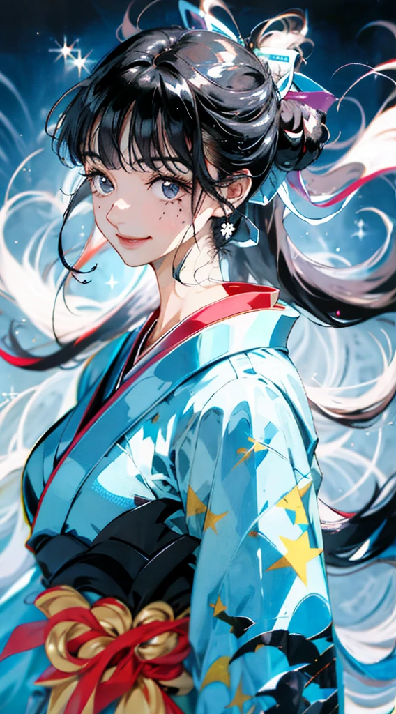 Black hair, bangs, curtained hair, crossed bangs, Messy hair, pony tails, bangs, curtained hair, crossed bangs, Long hair, Messy hair, pony tails, Big hair, side hair bun, hair ear, hair tying, hair flaps, widow peak, head gear, Hair ribbon, kanzashi, hairpods, white hair ribbon, Moles under eyes, Raised eyebrows, eyeball, Evil smile, crazy, Shy, scowling, jitome, gloom (expression), Seductive smile, anime big breast, Minimalism, Anime style, anime big breast, Minimalism, Anime style, angle of view, From above, hyper HD, retinas, Masterpiece, ccurate, Textured skin, Super detail, High quality, High details, Award-Awarded, Best quality, A high resolution, 16k, hyper HD, retinas, Masterpiece, ccurate, Textured skin, Super detail, High quality, High details, Award-Awarded, Best quality, A high resolution, 16k((Light blue long-sleeved kimono))((Undressed kimono))Big Breasts