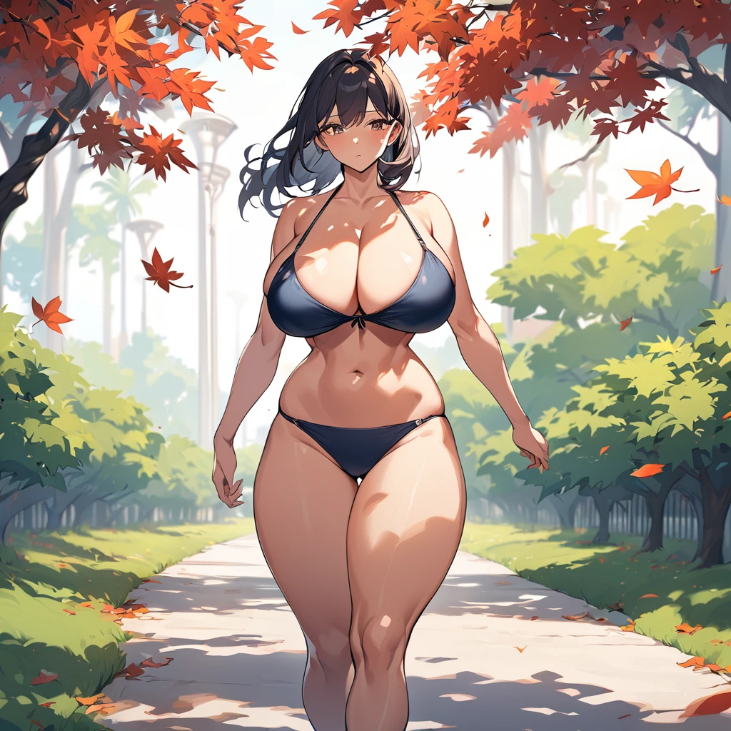 Young girl walking in a park with her big beautiful thighs with leaves flying around her, She is wearing a bikini because it is hot and her thighs make her more attractive, her large and saggy breasts with her thin waist and thin, athletic body