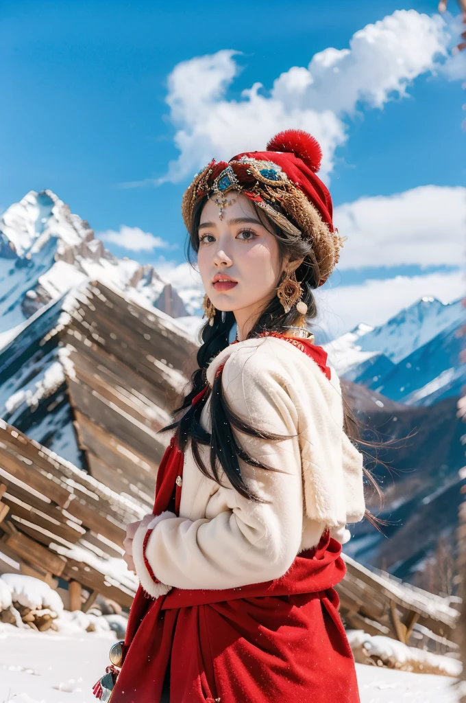 (masterpiece, best quality:1.2),red Tibetan clothing,1 Tibetan girl, blue sky, cloud, cloudy sky, day, earrings,Plush hat, horizon,Tibetan Earrings,jewelry,necklace, lips,snow mountain, outdoors, parted lips, red lips, solo, upper body,from back