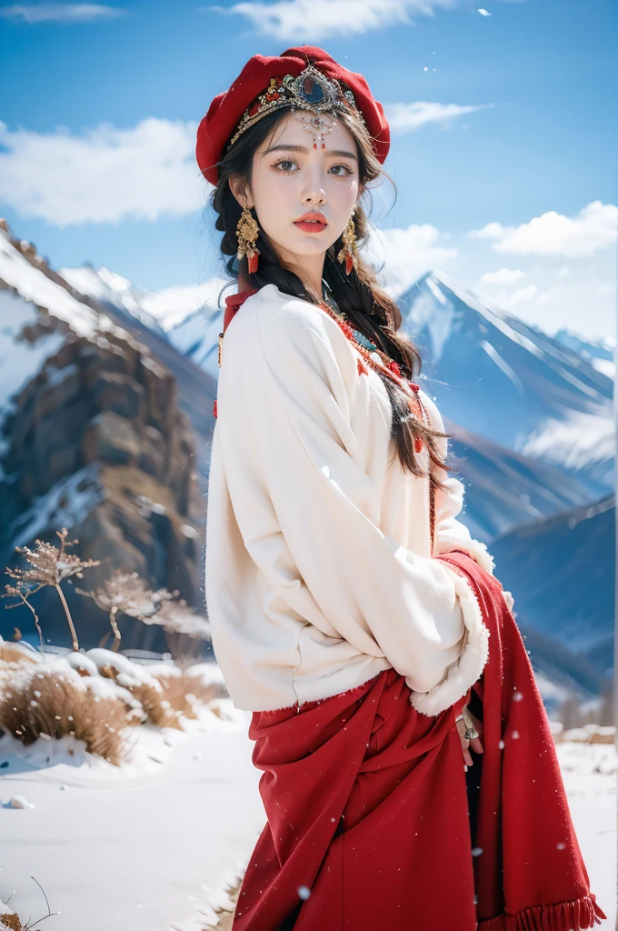 (masterpiece, best quality:1.2),red Tibetan clothing,1 Tibetan girl, blue sky, cloud, cloudy sky, day, earrings,Plush hat, horizon,Tibetan Earrings,jewelry,necklace, lips,snow mountain, outdoors, parted lips, red lips, solo, upper body,from back