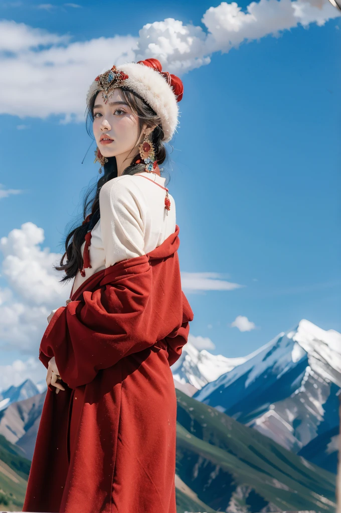 (masterpiece, best quality:1.2),red Tibetan clothing,1 Tibetan girl, blue sky, cloud, cloudy sky, day, earrings,Plush hat, horizon,Tibetan Earrings,jewelry,necklace, lips,snow mountain, outdoors, parted lips, red lips, solo, upper body,from back