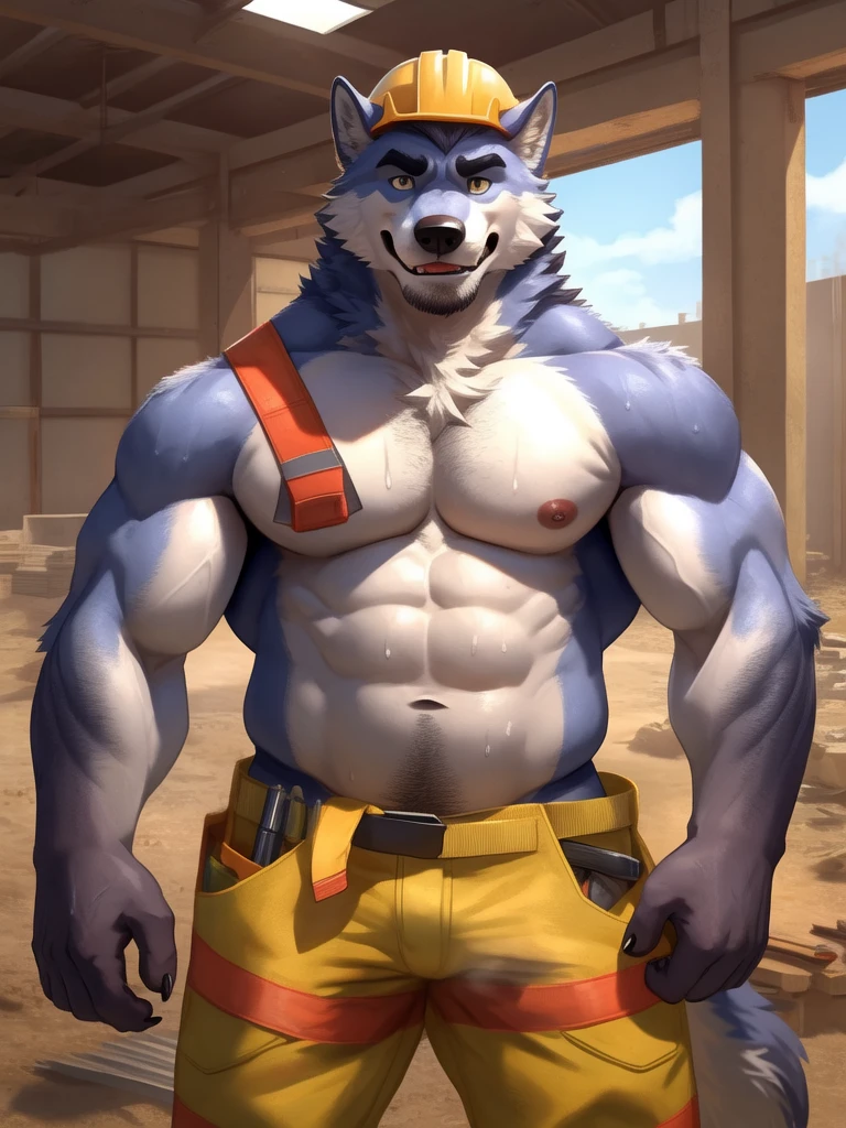masterpiece, best quality, furry, wolf, handsome, masculine, sweaty, construction worker, bright pupils, bara, musk, musky, construction site, construction outfit, topless