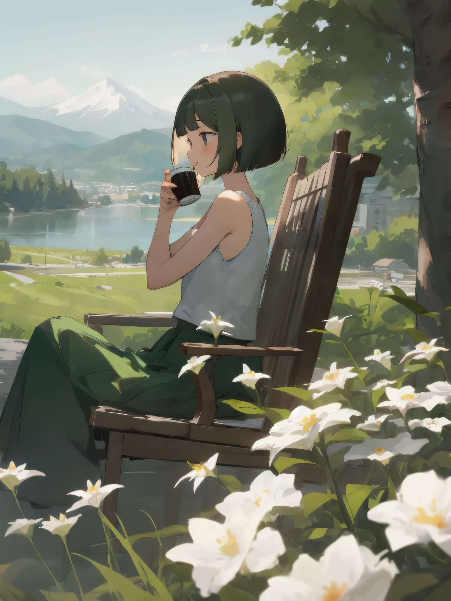 (Look away:1.3),(from the side:1.3),(masterpiece:1.2), (best quality),(Extremely detailed),(Extremely detailed),(Absolute resolution) ,absurd,8K, 1 girl drinking hot coffee in outdoor restaurant, Smile, Sit in a wooden chair , cake, Beautiful landscape background, Mountain, Shining Lake, Flowers, 
rest,  Extremely detailed eyes, Short, (Gradient hair:1.3), Vest, skirt,