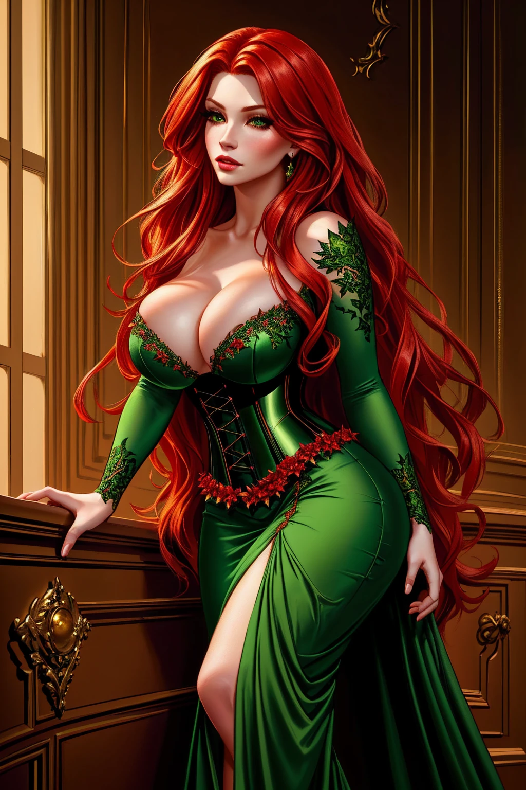 a woman with long crimson hair, wearing a long green dress with a leg slit, intricate corset, beautiful detailed eyes, beautiful detailed lips, extremely detailed face, longeyelashes, elegant pose, graceful movement, breathtaking, detailed and realistic, oil painting, dramatic lighting, warm color palette, cinematic composition, masterpiece, 8k, high quality, poison ivy 