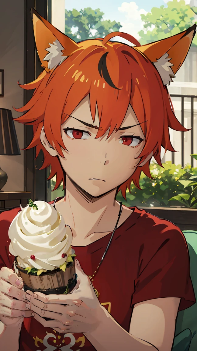 1man, v-shaped eyebrows, wild hair, orange hair, red eyes, fox ears, annoyed face, wallpaper, landscape, depth of field, morning, living room, glance right, holding a ice cream, light particles, light rays, sidelighting, (black t-shirt:1.2), red shorts