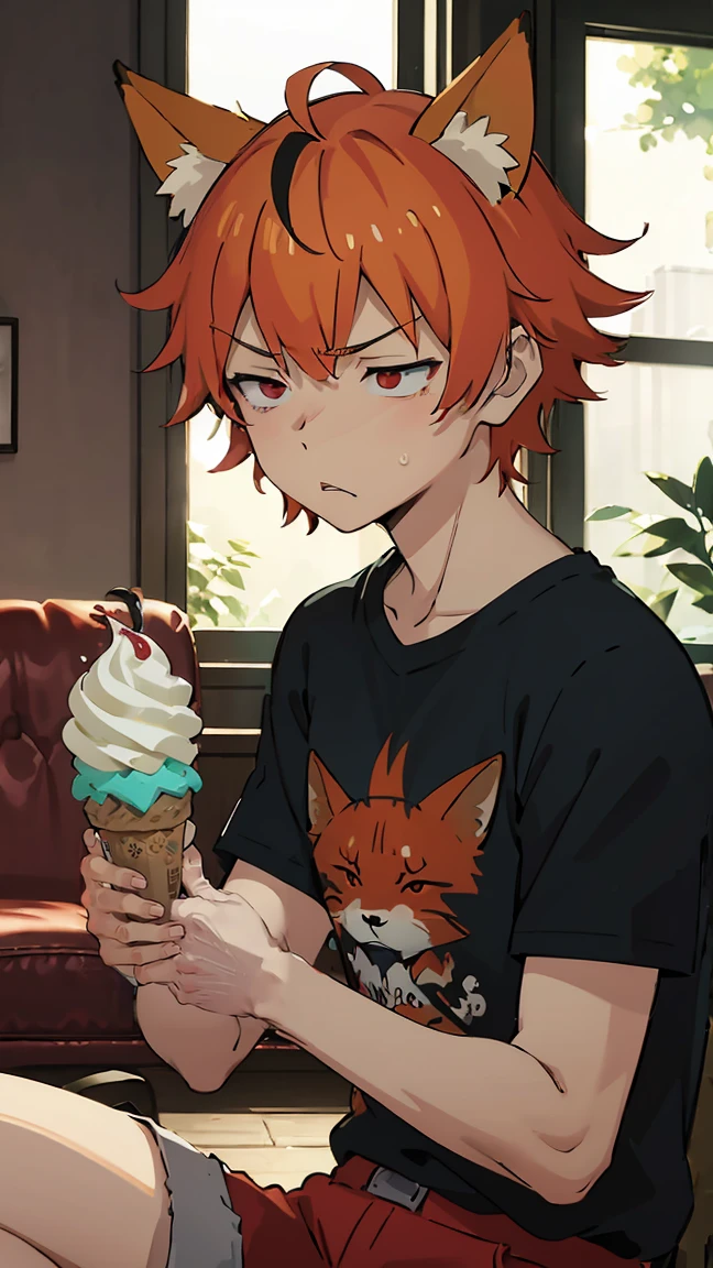 1man, v-shaped eyebrows, wild hair, orange hair, red eyes, fox ears, annoyed face, wallpaper, landscape, depth of field, morning, living room, glance right, holding a ice cream, light particles, light rays, sidelighting, (black t-shirt:1.2), red shorts