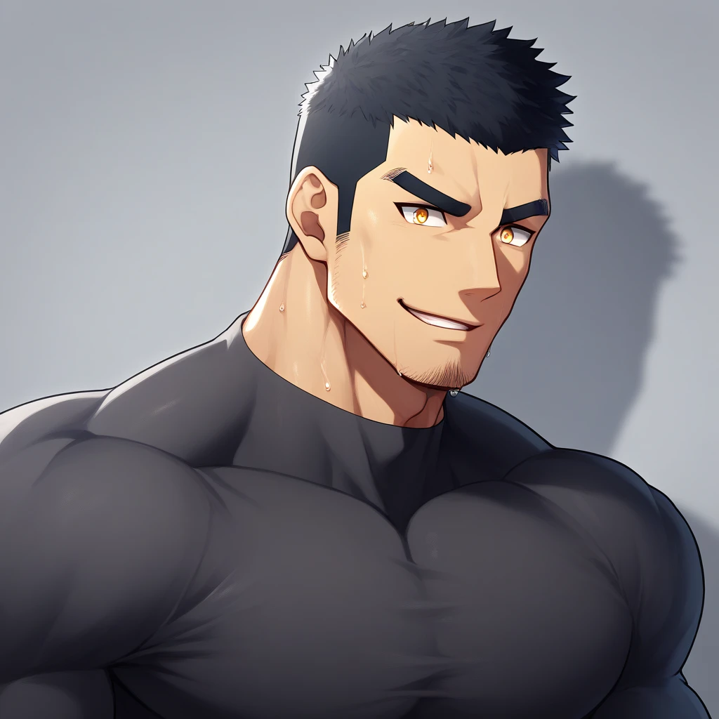 anime characters:Gyee, Muscle Sports Student, 1 muscular tough guy, Manliness, male focus, Light yellow high collar long sleeve tight T-shirt, Very tight, The clothes were soaked with sweat, The pectoral muscles are oversized, Slightly transparent, muscular male, muscular, only, Upper body, alone, Black short hair, Thick eyebrows, stubble, Yellow eyes, Grey background, simple background, amazing quality, best aesthetics, Ridiculous, bright pupils, crew cut, parted lips, seductive smile, torogao, naughty face, drop shadow, best quality