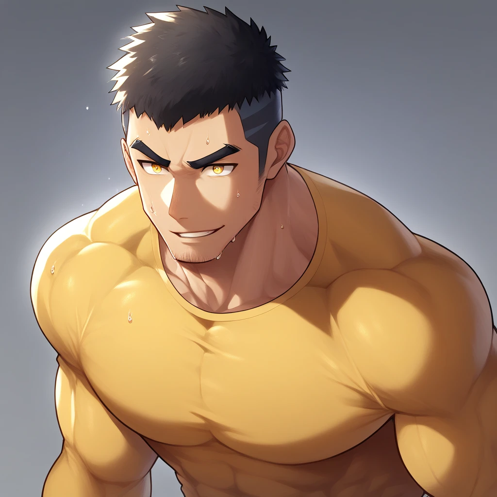 anime characters:Gyee, Muscle Sports Student, 1 muscular tough guy, Manliness, male focus, Light yellow high collar long sleeve tight T-shirt, Very tight, The clothes were soaked with sweat, The pectoral muscles are oversized, Slightly transparent, muscular male, muscular, only, Upper body, alone, Black short hair, Thick eyebrows, stubble, Yellow eyes, Grey background, simple background, amazing quality, best aesthetics, Ridiculous, bright pupils, crew cut, parted lips, seductive smile, torogao, naughty face, drop shadow, best quality