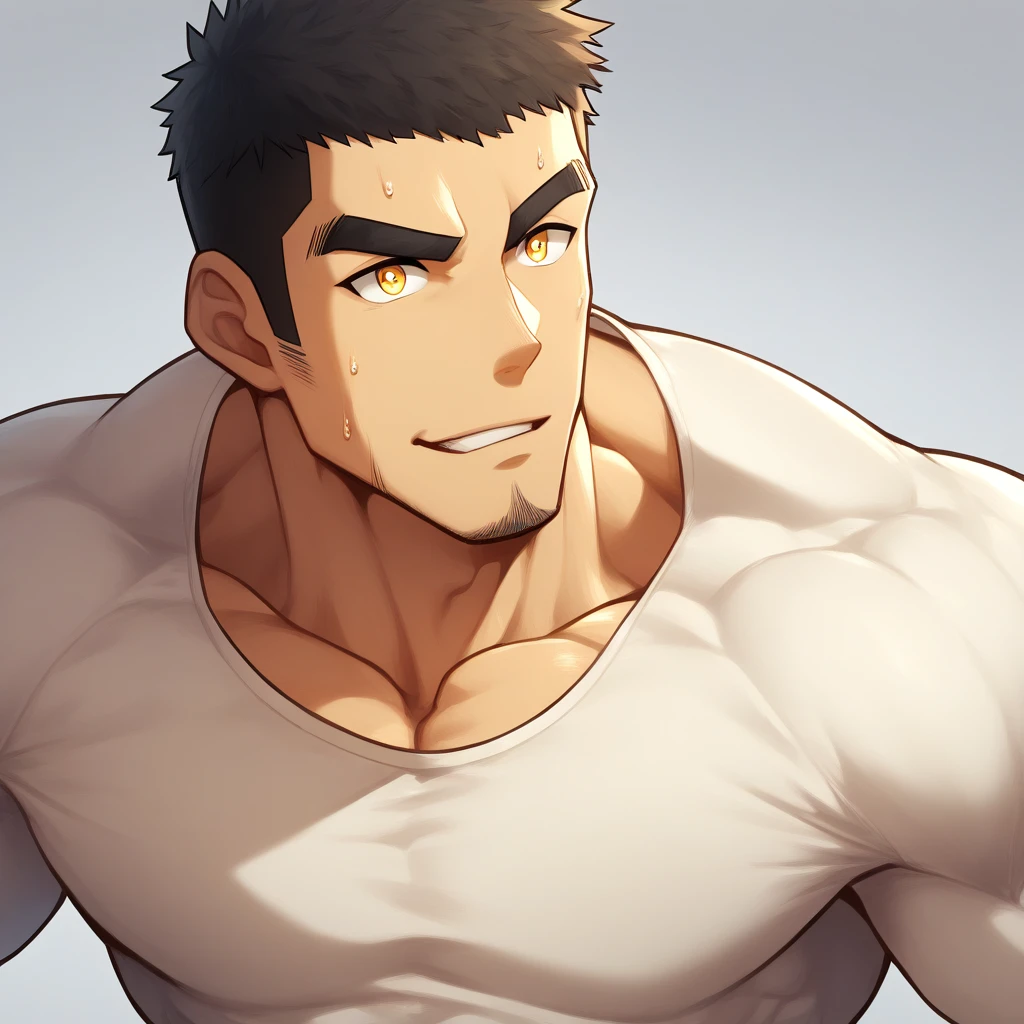 anime characters：Gyee, Muscle Sports Student, 1 muscular tough guy, Manliness, male focus, Light yellow high collar long sleeve tight T-shirt, Very tight, The clothes were soaked with sweat, The pectoral muscles are oversized, Slightly transparent, muscular male, muscular, only, Upper body, alone, Black short hair, Thick eyebrows, stubble, Yellow eyes, Grey background, simple background, amazing quality, best aesthetics, Ridiculous, bright pupils, crew cut, parted lips, seductive smile, torogao, naughty face, drop shadow, best quality