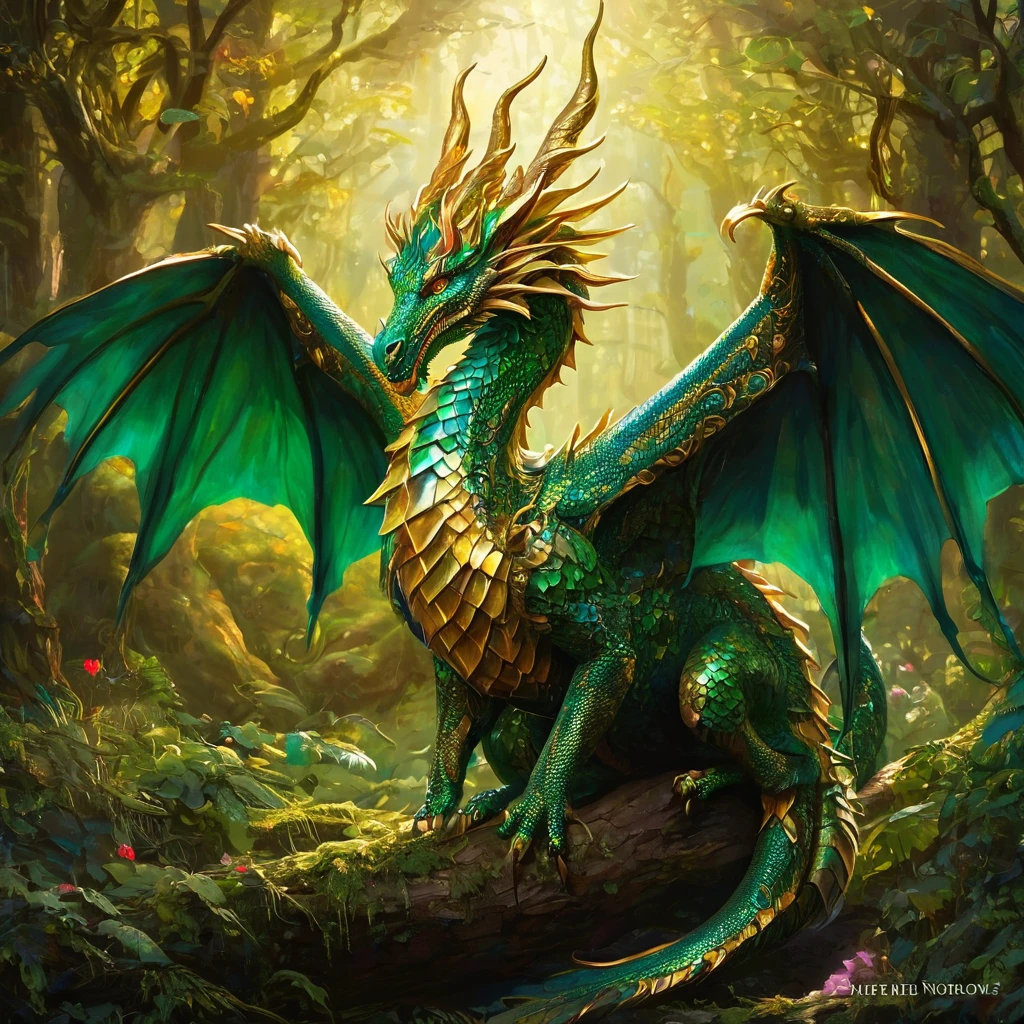 In the heart of a whimsical forest, a flamboyantly spectacular dragon emerges, its opulent scales shimmering in hues of gold and emerald. This concept art painting captures the creature in intricate detail, showcasing its majestic wingspan and elegantly curled horns. The artist\'s skilled hand brings to life every facet of the dragon\'s lavish appearance, from its sparkling gemstone eyes to the intricate patterns adorning its iridescent skin. The image is a testament to their talent, drawing viewers into a world of fantasy and wonder.