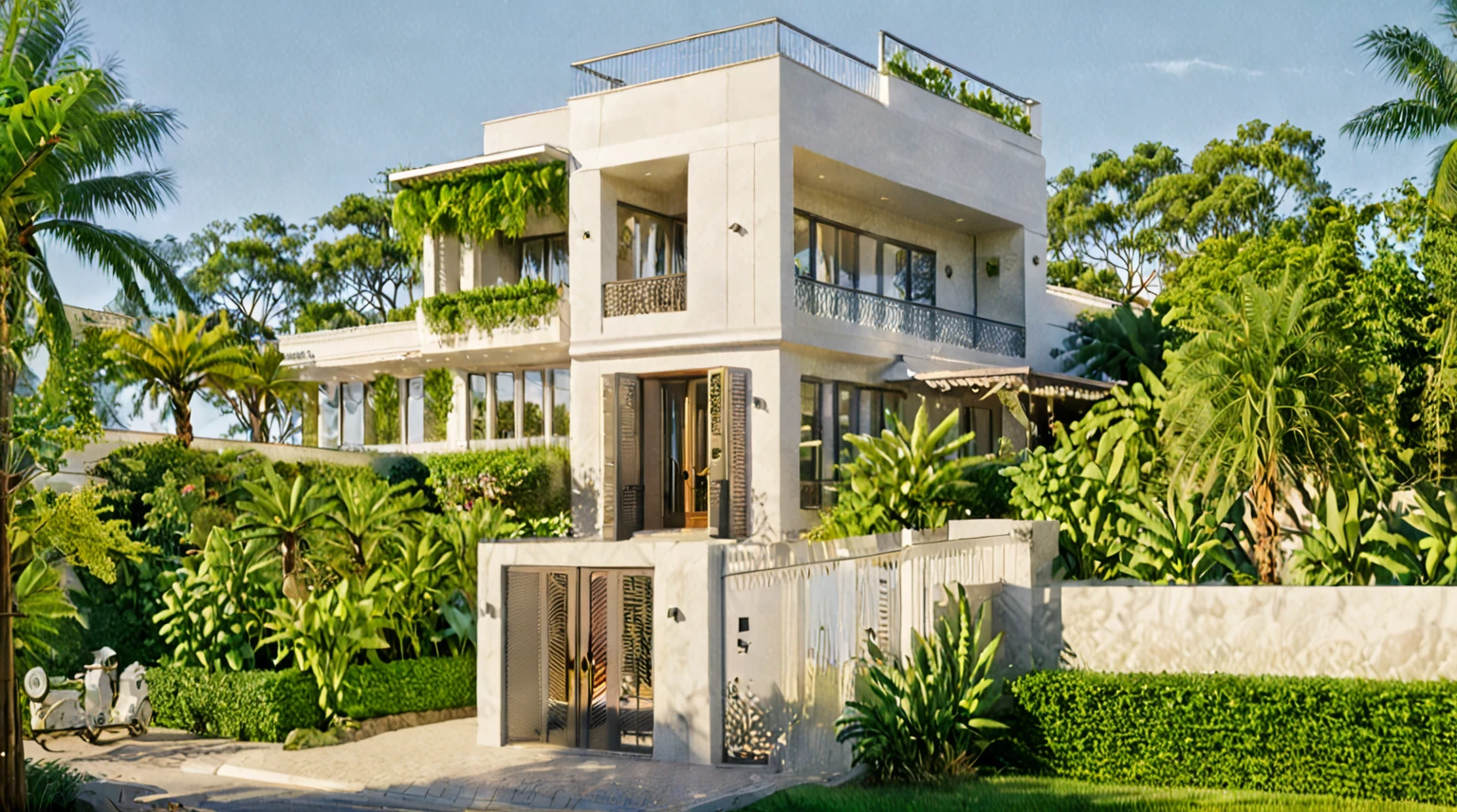 A luxurious and intricately detailed three-story neo-classical villa exterior scene, showcasing opulence. The art form chosen for this depiction is photography, captured with a 50mm lens. The esteemed photographer Ansel Adams serves as the source of inspiration. The villa stands amidst lush gardens, its ornate architecture emphasized by the play of shadows and sunlight. The color temperature is warm, enhancing the golden accents of the villa's design. The atmosphere exudes elegance, while the subjects exhibit serene expressions. Soft, natural lighting envelops the scene, creating a timeless ambiance