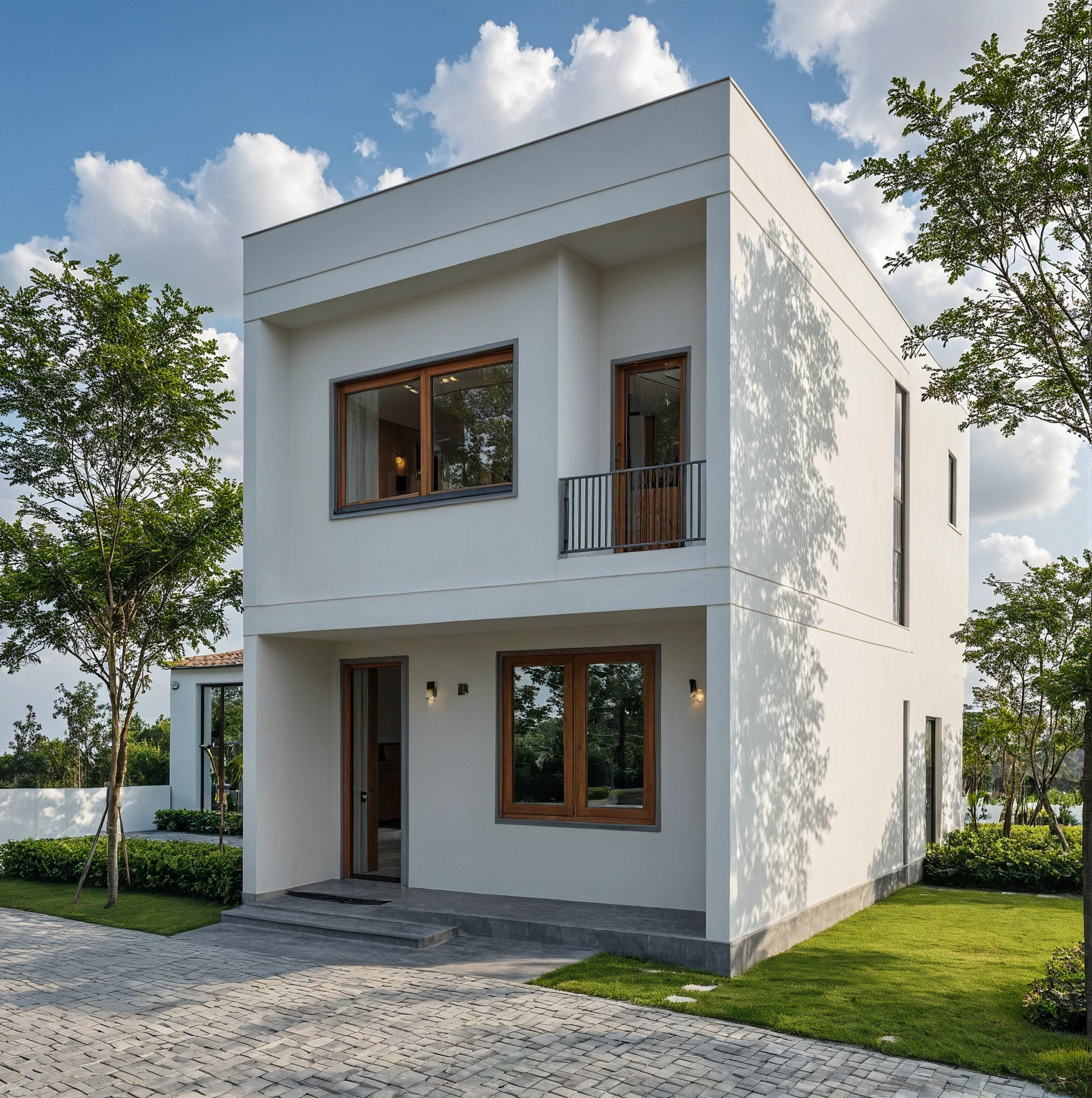 Masterpiece, high quality, best quality, authentic, super detail, outdoors, onestoreyvillaXL, aiaigroup, house style modern on the street ,stairs, white wall ,road,pavement, grass, trees, sky, cloud, (daylight:1.1)
