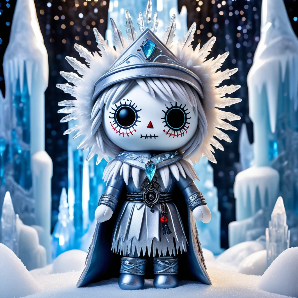 (knitted toy voodoo doll: 1.6), (Voodoo Ice Guardian: 1.3), (clothing Silver cloak, insulated clothing, fur hat: 1.0), (Ice staff, ice crystals: 1.1) (against the background of the Ice Palace with frozen statues and sparkling icicles: 1.3), best quality, masterpiece, detailed soft oil painting, detailed background, dramatic cinematic lighting, soft edge lighting, professional, dramatic lighting, hard edge lighting, ultra quality, 4k, masterpiece, best quality, 8k, ultra high definition, high resolution, extremely detailed