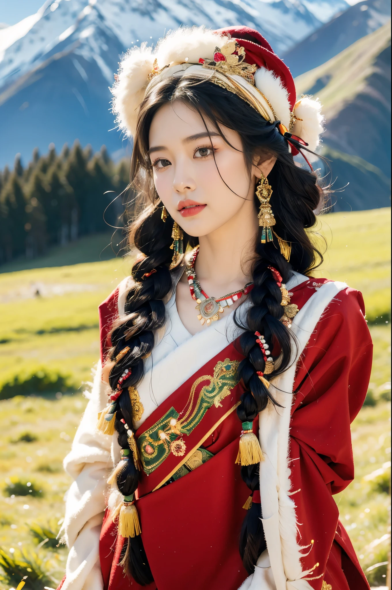 (((best quality))),(((ultra detailed))),(((masterpiece))),illustration,a beautiful Tibetan girl,solo,slim,earrings,necklace,Plush hat,parted red lips,snow-capped plateau,magnificent red traditional outfit,radiant smile,Standing by the roadside,vast verdant grasslands,majestic snow-capped peaks,striking appearance,dark almond-shaped eyes,sparkling with joy,long flowing black hair,intricate braids,colorful beads,jewelries,intricately woven ribbons,red rob embroidered with golden threads,Tibetan culture,lush green grasslands,serene ambiance,sheep and yaks grazing,crisp air,invigorating scent of the highland,beauty and resilience,pure bliss,upper body,from back