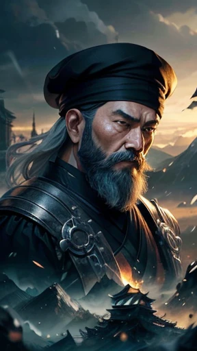 alone、Oriental、Ancient Chinese man in black costume、A storm is rising with prayer、Highest quality、masterpiece、Ultra-high resolution、(Realistic:1.4)、Game Poster、Crisp and beautiful image quality、Bearded Man,Ancient Chinese hairstyle with a large plain white beret loosely covering the head like a turban、